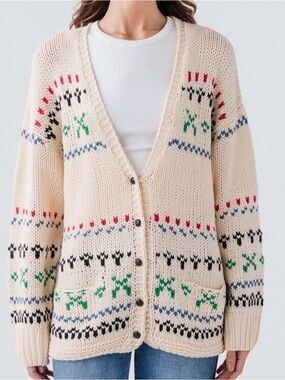By Together Cream Knit Button-Front Patterned Cardigan